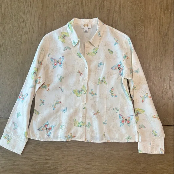 Talbots 100% Linen Button Down Blouse Size 10 Butterfly Print - Picture 4 of 13